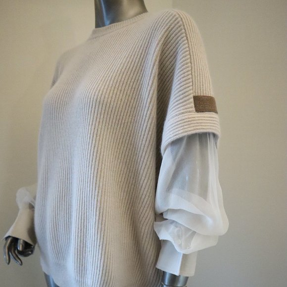 Brunello Cucinelli Cashmere Sweater Monili Beige Shear Sleeves Size X-Large New - Picture 7 of 10